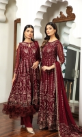Embroidered Chiffon Front Kalli Embroidered Chiffon Back Kalli Embroidered Chiffon Front Back Body Embroidered Chiffon Sleeves Embroidered Chiffon Front + Back Laser Cut Patch Embroidered Chiffon Pallu Dupatta Dyed Grip Trouser  Model Size: