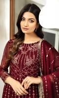 Embroidered Chiffon Front Kalli Embroidered Chiffon Back Kalli Embroidered Chiffon Front Back Body Embroidered Chiffon Sleeves Embroidered Chiffon Front + Back Laser Cut Patch Embroidered Chiffon Pallu Dupatta Dyed Grip Trouser  Model Size: