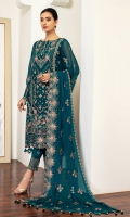 Embroidered Centre Panel Embroidered Chiffon Side Kalli (2) Embroidered Chiffon Back Embroidered Chiffon Sleeves Embroidered Front + Back Patch Embroidered Chiffon Dupatta Embroidered Trouser Patch Dyed Grip Trouser