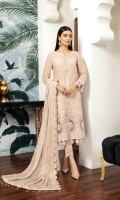 Embroidered Chiffon Front Embroidered Chiffon Back Embroidered Chiffon Sleeves Embroidered Organza Front Patch Embroidered Organza Back Patch Embroidered Chiffon Dupatta Trouser Patch Dyed Raw Silk Trouser