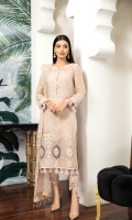 Embroidered Chiffon Front Embroidered Chiffon Back Embroidered Chiffon Sleeves Embroidered Organza Front Patch Embroidered Organza Back Patch Embroidered Chiffon Dupatta Trouser Patch Dyed Raw Silk Trouser