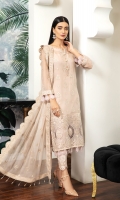 Embroidered Chiffon Front Embroidered Chiffon Back Embroidered Chiffon Sleeves Embroidered Organza Front Patch Embroidered Organza Back Patch Embroidered Chiffon Dupatta Trouser Patch Dyed Raw Silk Trouser