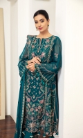 Embroidered Centre Panel Embroidered Chiffon Side Kalli (2) Embroidered Chiffon Back Embroidered Chiffon Sleeves Embroidered Front + Back Patch Embroidered Chiffon Dupatta Embroidered Trouser Patch Dyed Grip Trouser