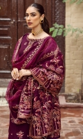 Embroidered Chiffon Front Embroidered Chiffon Back Embroidered Chiffon Front Body Embroidered Chiffon Back Body Embroidered Chiffon Front + Back Patch 2 Embroidered Chiffon Sleeves  Embroidered Organza Pallu Dupatta Embroidered  Organza Dupatta Patch Dyed Russian Grip Trouser