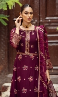 Embroidered Chiffon Front Embroidered Chiffon Back Embroidered Chiffon Front Body Embroidered Chiffon Back Body Embroidered Chiffon Front + Back Patch 2 Embroidered Chiffon Sleeves  Embroidered Organza Pallu Dupatta Embroidered  Organza Dupatta Patch Dyed Russian Grip Trouser