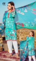 1.25m Digital Printed and Embroidered Lawn Front 1.25m Digital Printed Lawn Back 0.66m Digital Printed Lawn Sleeves 2.5m Digital printed Crinkle Chiffon Dupatta 2.5m Dyed Cotton Trouser