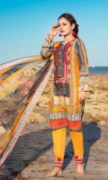 1.25m Digital Printed and Embroidered Lawn Front 1.25m Digital Printed Lawn Back 0.66m Digital Printed Lawn Sleeves 2.5m Digital printed Crinkle Chiffon Dupatta 2.5m Dyed Cotton Trouser 1m Embroidered border for Trouser