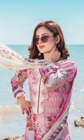 1.25m Digital Printed Lawn Front 1.25m Digital Printed Lawn Back 0.66m Digital Printed Lawn Sleeves 2 m Schiffli Embroidered Lace for shirt and Sleeves 2.5m Digital printed Crinkle Chiffon Dupatta 2.5m Dyed Cotton Trouser 1 m Embroidered Border for Trouser