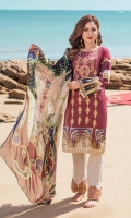 1.25m Digital Printed and Embroidered Lawn Front 1.25m Digital Printed Lawn Back 0.66m Digital Printed Lawn Sleeves 2.5m Digital printed Crinkle Chiffon Dupatta 2.5m Dyed Cotton Trouser 1m Embroidered border for Trouser
