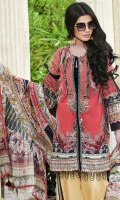 Digital Printed Lawn Front 1.14 M Digital Printed Lawn Back 1.14 M Embroidered Patch A For Front Daman 1 Pc Digital Printed Lawn Sleeves 0.67 M Embroidered Patch For Sleevs 1 M Digital Printed Crinkle Chiffon Dupatta 2.5 M Dyed Cotton Trouser 2.5 M