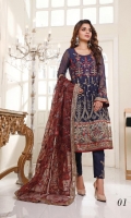 Embroidered Chiffon Shirt Printed and Embroidered Chiffon, Net and Silk Dupatta Dyed Trouser