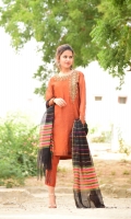 Burned Orange, weaved in Black & Orange color, our traditional charmer with multi colored khaddi net weaved dupatta. Embellished with zarri work and mirror detailing on the neck It is 3 piece stitche