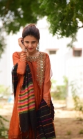 Burned Orange, weaved in Black & Orange color, our traditional charmer with multi colored khaddi net weaved dupatta. Embellished with zarri work and mirror detailing on the neck It is 3 piece stitche