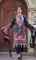 Printed Lawn Front, Back & Sleeves Printed Chiffon Dupatta Embroidered Motifs Dyed Trousers