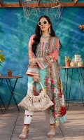 Printed Lawn Front, Back & Sleeves Printed Chiffon Dupatta Embroidered Neckline Embroidered Front, Back & Ghera Patti Embroidered Sleeves Patti Dyed Trousers