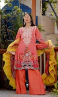 Printed Lawn Front, Back & Sleeves Printed Chiffon Dupatta Embroidered Neckline Embroidered Sleeves Patti Embroidered Side Patti Dyed Trousers