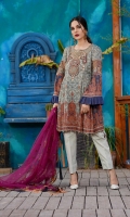 Printed Lawn Front, Back & Sleeves Embroidered Net Dupatta Embroidered Neckline Embroidered Sleeves Patch Dyed Trousers