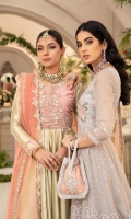Embroidered Front Body Zari Net Embroidered Back Body Zari Net Embroidered Body Belt Organza Embroidered Front Panels Zari Net Embroidered Back Panels Zari Net Embroidered Back Motif Organza Embroidered Sleeves Zari Net Embroidered Organza Dupatta Embroidered Dupatta Patti 1 Organza Embroidered Dupatta Patti 2 Organza Dyed Inner Shirt Cotton Silk Dyed Trouser Raw silk