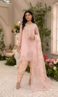 Embroidered Front Chiffon Embroidered Back, Sleeves Spray Chiffon Embroidered Front Border Organza Embroidered Back, Sleeves Patti Organza Embroidered Sleeves Motif Organza Embroidered Back Motif Organza Embroidered Organza Dupatta Dyed Inner Shirt Cotton Silk Dyed Jacquard Trouser
