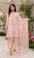 Embroidered Front Chiffon Embroidered Back, Sleeves Spray Chiffon Embroidered Front Border Organza Embroidered Back, Sleeves Patti Organza Embroidered Sleeves Motif Organza Embroidered Back Motif Organza Embroidered Organza Dupatta Dyed Inner Shirt Cotton Silk Dyed Jacquard Trouser