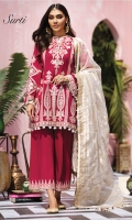 Embroidered Lawn Centre Panel Embroidered Lawn Right Panel Embroidered Lawn Left Panel Plain Lawn Back + Sleeves Embroidered Sleeve Motif Embroidered Chaak Border Embroidered Neckline Back Border Embroidered Sleeve Border Embroidered Front + Back Border Embroidered Neckline Embroidered Trouser Border Cambric Cotton Trouser Organza Zari Jacquard Dupatta