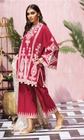 Embroidered Lawn Centre Panel Embroidered Lawn Right Panel Embroidered Lawn Left Panel Plain Lawn Back + Sleeves Embroidered Sleeve Motif Embroidered Chaak Border Embroidered Neckline Back Border Embroidered Sleeve Border Embroidered Front + Back Border Embroidered Neckline Embroidered Trouser Border Cambric Cotton Trouser Organza Zari Jacquard Dupatta