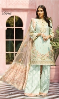 Embroidered Lawn Front Embroidered Lawn Back Embroidered Lawn Sleeves Embroidered Sleeve Motif Embroidered Sleeve Border Embroidered Front Border Embroidered Back Border Embroidered Neckline Paste Printed Cambric Cotton Trouser Digital Printed Trouser Border Embroidered Net Dupatta Digital Printed Dupatta Pallu Digital Printed Dupatta Patti