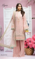 Embroidered Lawn Front Embroidered Lawn Back Plain Lawn Sleeves Embroidered Sleeve Motif Embroidered Sleeve Border Embroidered Front Daman Borders x 2 Embroidered Neckline Schiffli Cotton Trouser Embroidered Net Dupatta Embroidered Dupatta Pallu Embroidered Dupatta Border