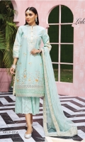 Embroidered Lawn Front Embroidered Lawn Back Plain Lawn Sleeves Embroidered Sleeve Motif Embroidered Sleeve Border Embroidered Front Daman Borders x 2 Embroidered Neckline Schiffli Cotton Trouser Embroidered Net Dupatta Embroidered Dupatta Pallu Embroidered Dupatta Border