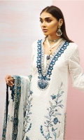 Schiffli Lawn Front + Sleeves Embroidered Lawn Back Embroidered Sleeves Borders X 2 Embroidered Back Borders X 2 Embroidered Front Daman Borders X 3 Embroidered Chaak Border Embroidered Sleeve Motif Embroidered Front Motif X 2 Embroidered Neckline Cambric Cotton Trouser Digital Printed Trouser Patti Embroidered Net Dupatta Digital Printed Dupatta Patti