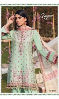• Embroidered Dupatta Trim 4 Sided • Embroidered Lawn Shirt Center Panel • Embroidered Lawn Shirt Right & Left Panel • Embroidered Lawn Shirt Back • Plain Lawn Sleeves • Embroidered Center Panel Motifs • Embroidered Shirt Front & Back Border • Embroidered Sleeves Motifs • Embroidered Sleeves Border • Block Print Slub Dupatta • Embroidered Trouser Border • Cambric Cotton Trouser
