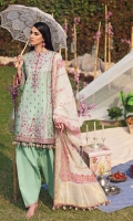 • Embroidered Dupatta Trim 4 Sided • Embroidered Lawn Shirt Center Panel • Embroidered Lawn Shirt Right & Left Panel • Embroidered Lawn Shirt Back • Plain Lawn Sleeves • Embroidered Center Panel Motifs • Embroidered Shirt Front & Back Border • Embroidered Sleeves Motifs • Embroidered Sleeves Border • Block Print Slub Dupatta • Embroidered Trouser Border • Cambric Cotton Trouser