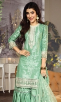 • Jacquard Shirt Front & Sleeves • Plain Lawn Shirt Back • Embroidered Neckline • Embroidered Shirt Hem Border • Embroidered Shirt Back Border • Embroidered Sleeves Border • Embroidered Net Dupatta • Dupatta Pallu • Embroidered Patti for Bottom • Cotton Fabric for Gharara