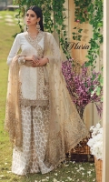 • Embroidered Lawn Shirt Front • Embroidered Lawn Shirt Back • Embroidered Lawn Sleeves • Embroidered Neckline Trim • Embroidered Shirt Hem Border • Embroidered Shirt Corner Motifs • Embroidered Shirt Back Border • Embroidered Sleeves Border • Embroidered Net Dupatta • Embroidered Dupatta Pallu • Embroidered Dupatta Border • Cambric Cotton Screen Print Sharara