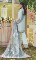 • Embroidered Lawn Shirt Center Panel • Embroidered Lawn Shirt Right & Left Panel • Embroidered Shirt Lawn Back • Embroidered Lawn Sleeves • Embroidered Center Panel Motifs • Embroidered Shirt Connector Trim • Embroidered Shirt Front Border • Embroidered Shirt Back Border • Embroidered Sleeves Border • Foil Print Net Dupatta • Embroidered Trouser Border • Cambric Cotton Trouser