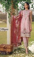 • Embroidered Lawn Center Panel • Embroidered Lawn Shirt Right & Left Panel • Embroidered Lawn Shirt Back • Embroidered Lawn Sleeves • Embroidered Shirt Connector Trim • Embroidered Sleeves Border • Embroidered Shirt Back Border • Embroidered Center Panel Motifs • Embroidered Shirt Hem Border • Foil Print Net Dupatta • Embroidered Trouser Border • Cambric Cotton Trouser