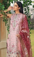 • Embroidered Lawn Center Panel • Embroidered Lawn Shirt Right & Left Panel • Embroidered Lawn Shirt Back • Embroidered Lawn Sleeves • Embroidered Shirt Connector Trim • Embroidered Sleeves Border • Embroidered Shirt Back Border • Embroidered Center Panel Motifs • Embroidered Shirt Hem Border • Foil Print Net Dupatta • Embroidered Trouser Border • Cambric Cotton Trouser