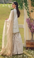 • Embroidered Lawn Shirt Front • Embroidered Lawn Shirt Back • Embroidered Lawn Sleeves • Embroidered Neckline Trim • Embroidered Shirt Hem Border • Embroidered Shirt Corner Motifs • Embroidered Shirt Back Border • Embroidered Sleeves Border • Embroidered Net Dupatta • Embroidered Dupatta Pallu • Embroidered Dupatta Border • Cambric Cotton Screen Print Sharara