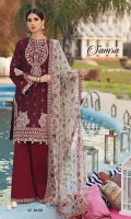 • Print/Embroidered Rocket Net Dupatta • Four-Sided Embroidered Dupatta Border • Jacquard Shirt Front & Sleeves • Plain Woven Shirt Back • Embroidered Neckline • Embroidered Front Shirt Corner Motifs • Embroidered Shirt Hem Motifs • Embroidered Shirt Hem Border • Embroidered Sleeves Motifs • Embroidered Sleeves Border • Embroidered Shirt Back Border • Printed & Embroidered Khadi Dupatta • Embroidered Trouser Border • Cambric Cotton Trouser