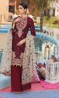 • Print/Embroidered Rocket Net Dupatta • Four-Sided Embroidered Dupatta Border • Jacquard Shirt Front & Sleeves • Plain Woven Shirt Back • Embroidered Neckline • Embroidered Front Shirt Corner Motifs • Embroidered Shirt Hem Motifs • Embroidered Shirt Hem Border • Embroidered Sleeves Motifs • Embroidered Sleeves Border • Embroidered Shirt Back Border • Printed & Embroidered Khadi Dupatta • Embroidered Trouser Border • Cambric Cotton Trouser