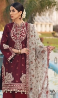 • Print/Embroidered Rocket Net Dupatta • Four-Sided Embroidered Dupatta Border • Jacquard Shirt Front & Sleeves • Plain Woven Shirt Back • Embroidered Neckline • Embroidered Front Shirt Corner Motifs • Embroidered Shirt Hem Motifs • Embroidered Shirt Hem Border • Embroidered Sleeves Motifs • Embroidered Sleeves Border • Embroidered Shirt Back Border • Printed & Embroidered Khadi Dupatta • Embroidered Trouser Border • Cambric Cotton Trouser
