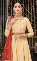 A "zari khaddi" net "peshwas" with embroidered and embellished neckline , bodice, sleeve cuffs and belt and "gota" lace and embroidered hem. Jacquard trouser. Net "dupatta" with printed silk "pallus".