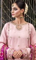 Zari gold "khaddi" net shirt with embroidered and sequins embellished front and block printed sleeve cuffs and shirt border enhanced with "gota", "naqshi" and pearls. Jacquard "sharara" with embroidered and sequins embellished "sharara" bottom. Chunri printed silk dupatta.
