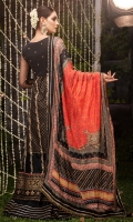 Net "peshwas" with gold "tilla" embroidery , sequins embellishment and block printed borders. Block printed "Kataan" silk lining. "Kataan" silk "sharara” with “Gota” stitched detailing. Printed tissue silk "dupatta" with “Gota kinari” trims.