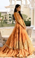 A printed organza flare and organza "zari" under-bodice "peshwas" with a heavy hand-embellished crystal and bead neckline in an"angrakha" cut;"kattan" silk embroidered top bodice with heavy gold "tilla" embroidered and gold sequin embellished hem border with tassle detail; heavily embroidered gold "tilla" net-tulle sleeves with gold sequins and 3D crystal hand-embellishment; Screen-printed "kataan" silk lehenga with "gota" trims. Organza "zari" "dupatta" with "zari" jacquard borders finished with gold tissue, "kingri gota" and pearl embellished lace. "Kataan" silk slip included.