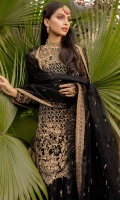A net-tulle straight shirt is heavily embroidered with gold "tilla" and hand-embellished with gold sequins, black and gold crystals & tassles; the side slits are finished with screen-printed trims and cut-glass beaded lace. A layered "sharara" with a net tulle top is finished with an embroidered and sequinned border, with the lower part made of screen-printed "kataan" silk. A Net tulle cape is laden with gold "tilla" embroidery and sequin embellishment, finished with feather lace. A “Kataan silk” slip is included.