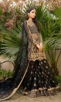 A net-tulle straight shirt is heavily embroidered with gold "tilla" and hand-embellished with gold sequins, black and gold crystals & tassles; the side slits are finished with screen-printed trims and cut-glass beaded lace. A layered "sharara" with a net tulle top is finished with an embroidered and sequinned border, with the lower part made of screen-printed "kataan" silk. A Net tulle cape is laden with gold "tilla" embroidery and sequin embellishment, finished with feather lace. A “Kataan silk” slip is included.