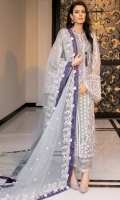 A net-tulle jacket comes with "tilla" and silk thread embroidery and sequins embellishment; heavy crystal and pearl hand-embellished neckline, sleeves and shirt front and silk thread, "tilla" and sequins embroidered back. Organza "dupatta" embroidered with silk thread and silver "tilla" plus embellished with sequins with purple organza trims and crystal tassle detail on all four sides. "Kataan" silk trouser with screen-printed "patti and organza border with lace trim.