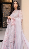 A tulle high-slit jacket with laser-cut borders on hem and sleeves are heavily embroidered in silk thread and "tilla" with hand embellished neckline, sleeves, front and back in crystals, pearls, fine-cut glass beads and deconstructed sequins. The outfit features a jacquard "sharara" pant with colour accent trims and "gota" lace finish. An Organza "dupatta" with heavy laser-cut "pallus", embroidered and finished on all four sides with pearl, glass "moti" and cut glass bead laces to finish the look. “Kataan-silk” lining is included.
