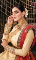 A "zari khaddi" net "peshwas" with embroidered and embellished neckline , bodice, sleeve cuffs and belt and "gota" lace and embroidered hem. Jacquard trouser. Net "dupatta" with printed silk "pallus".